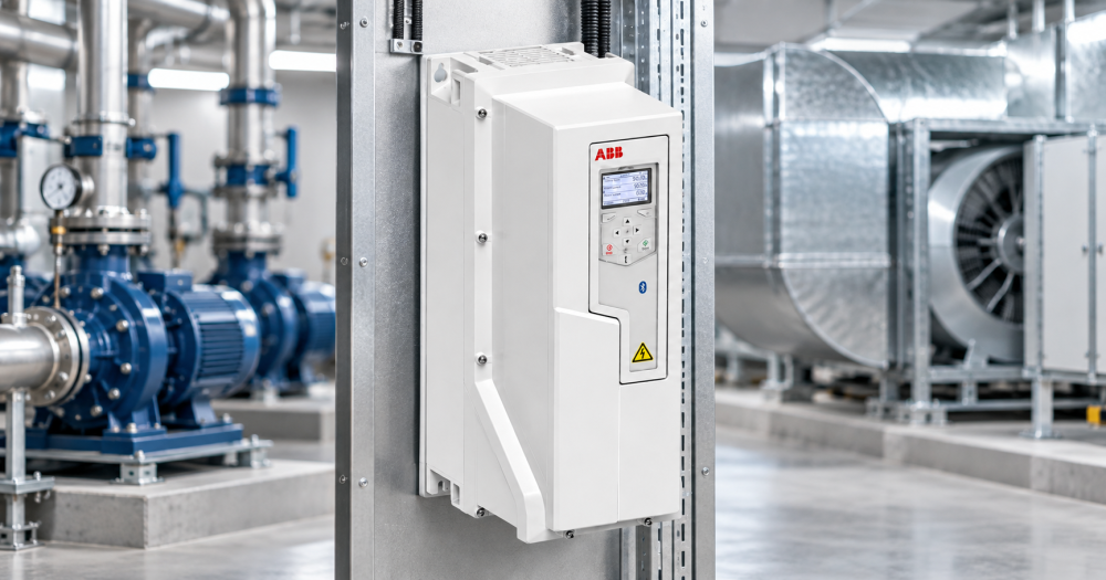 abb-vfd-variable-frequency-drive-pump-fan-control ABB variable frequency drive mounted on panel between a pump motor and fan unit in a plant room