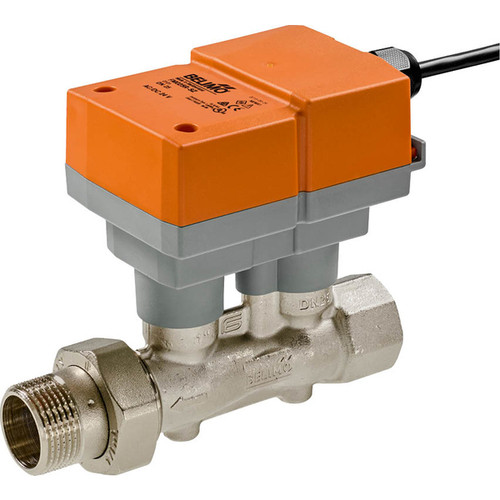 Belimo flow sensor actuator mounted on a threaded brass valve body with union connection