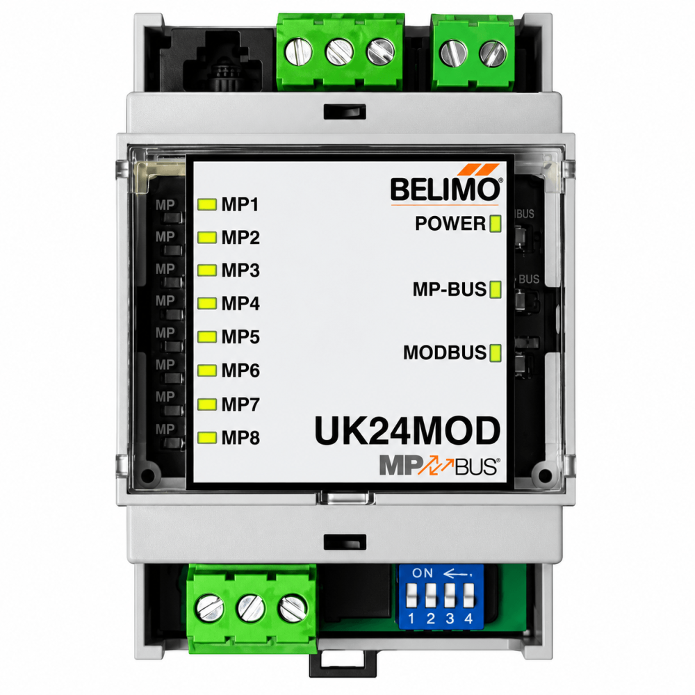 Belimo UK24MOD gateway converting MP-Bus to Modbus RTU with DIN rail mount and status LEDs