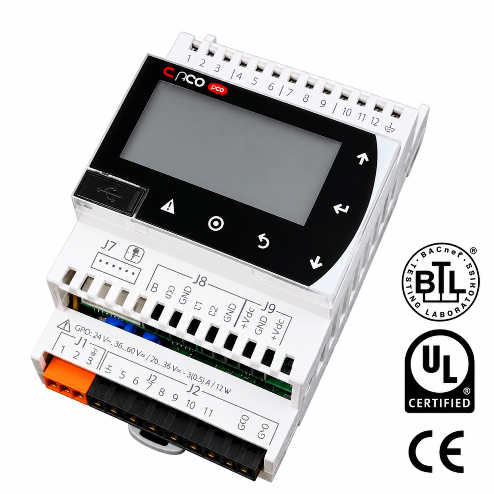 Carel pCO BACnet and Modbus I/O controller with LCD display and terminal blocks, BTL and UL certified