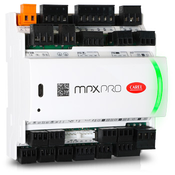 Carel MPXpro DIN rail refrigeration controller with terminal blocks, USB port and green status LED