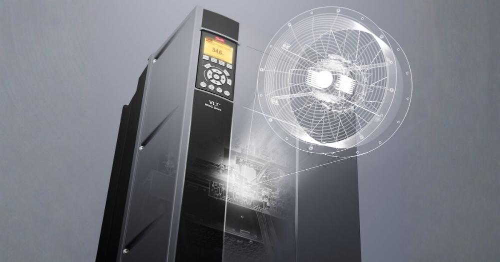 Danfoss VLT HVAC Drive FC 102 unit with an illustrated graphic of a ventilation fan, representing PID setup for VAV and variable flow.