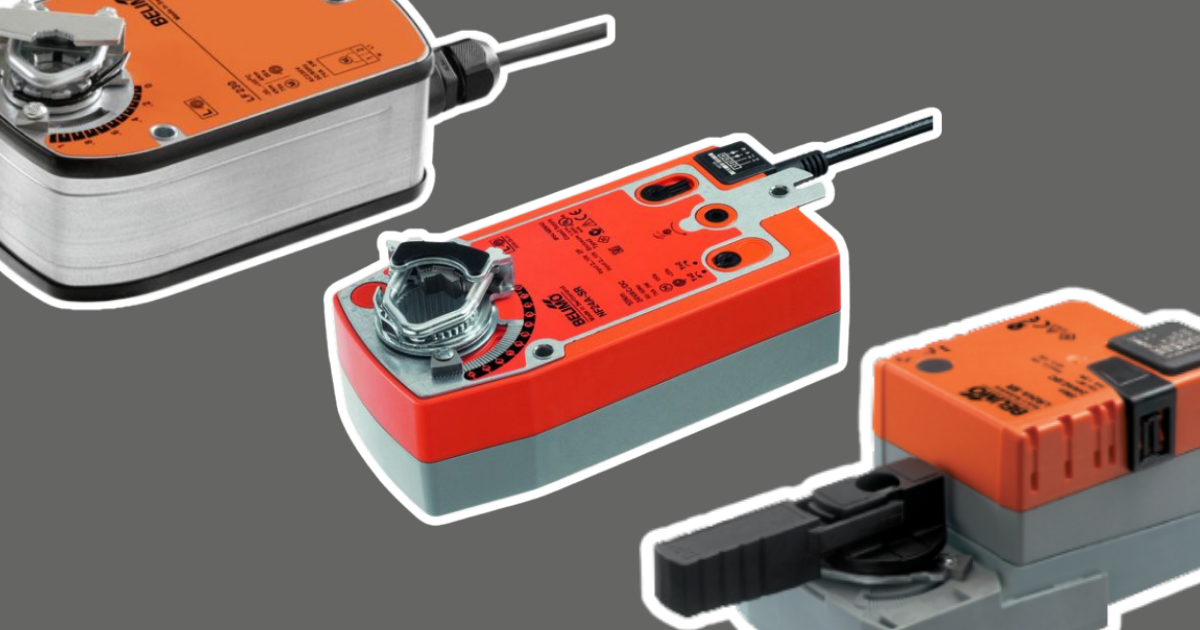 Belimo spring return damper actuators including LF and NF series with manual override crank for HVAC control