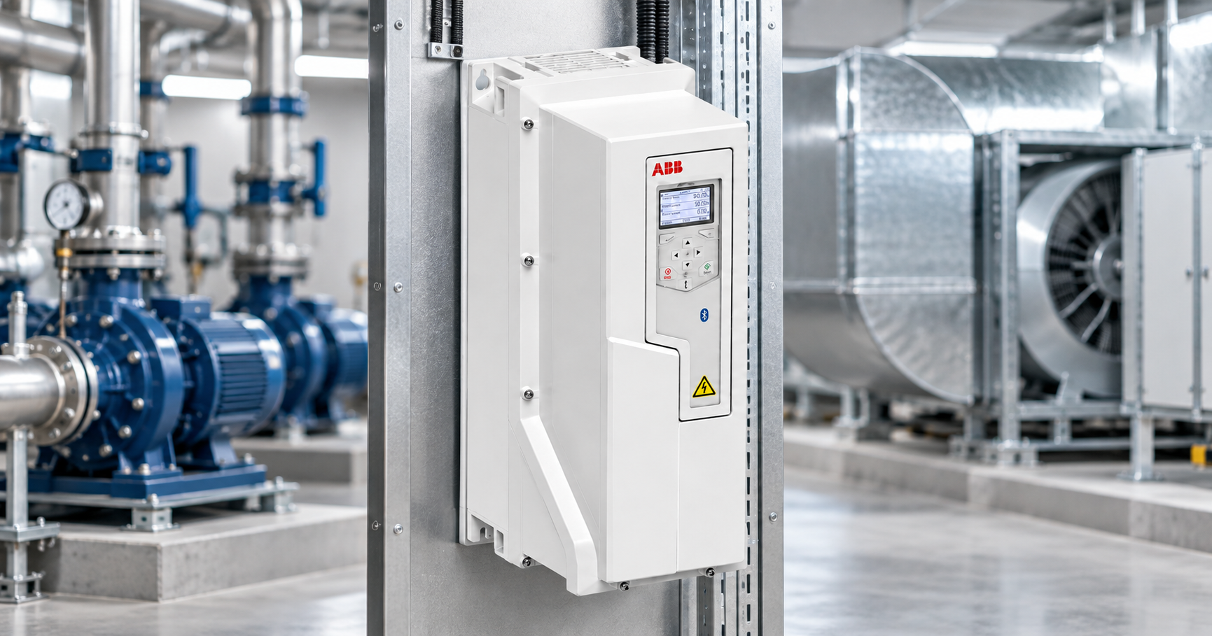 ABB variable frequency drive mounted on panel between a pump motor and fan unit in a plant room
