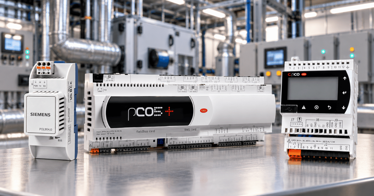 Siemens POL904.0 BACnet module alongside Carel pCO and pCO fieldbus controllers on a plant room workbench