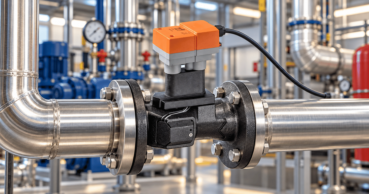 Belimo electric actuator mounted on a flanged control valve installed in a plant room pipework system