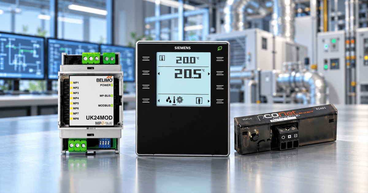 BMS protocol devices including Belimo UK24MOD Modbus MP-Bus gateway, Siemens room thermostat and Carel pCOnet BACnet interface