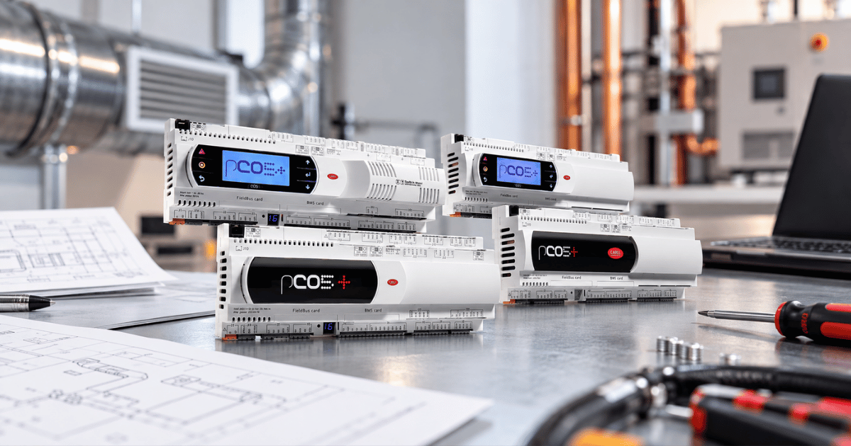 Carel pCO and pCOe programmable controllers on workbench with wiring schematics and BMS field bus cards