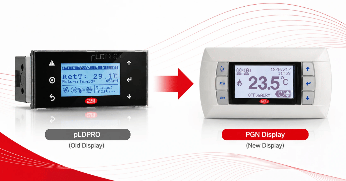 Carel pLDPRO old display next to new PGD replacement display showing upgrade path with model comparison