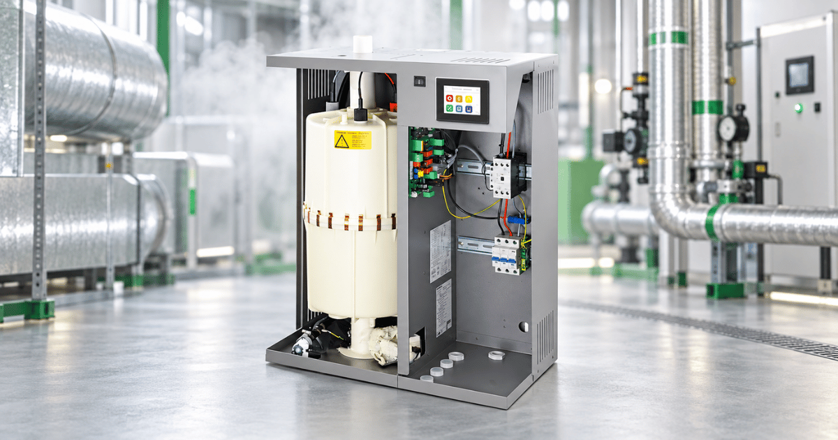 HygroMatik steam humidifier with cabinet open showing cylinder, control touchscreen and electrical components