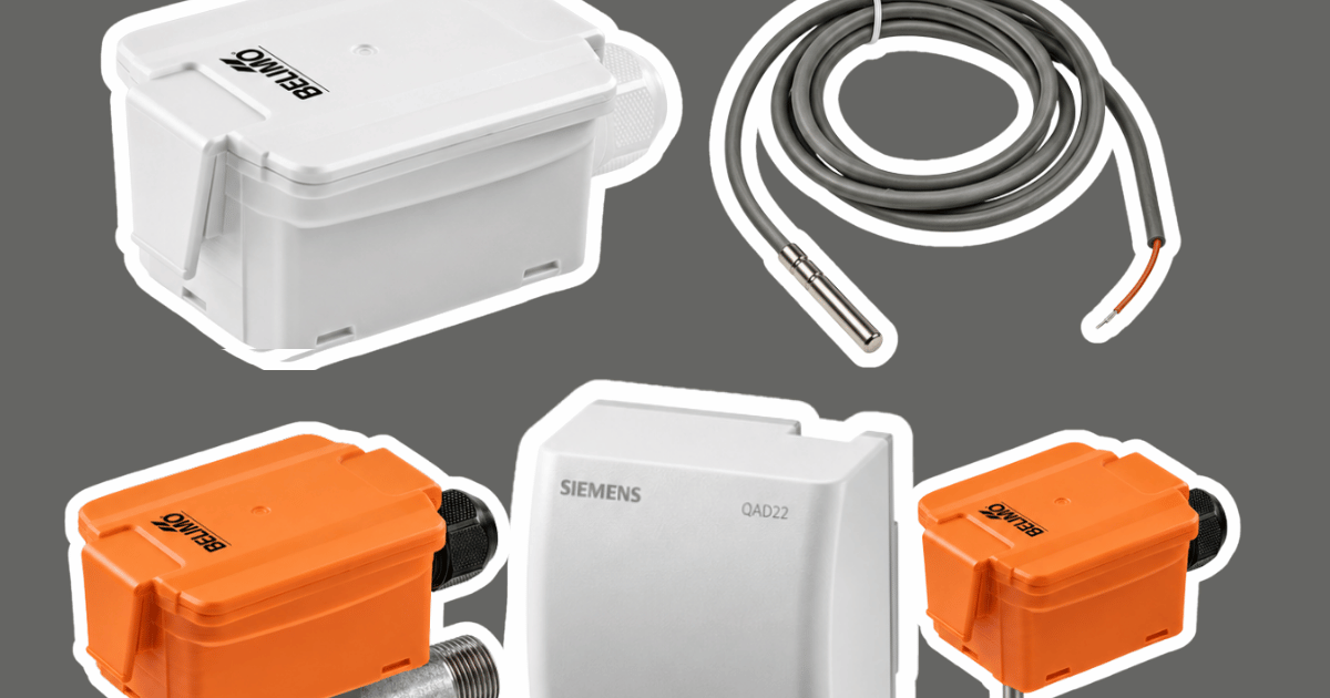 PT100 temperature sensor types including Belimo strap on and immersion sensors, Siemens QAD22 duct sensor and Belimo pipe clamp sensors