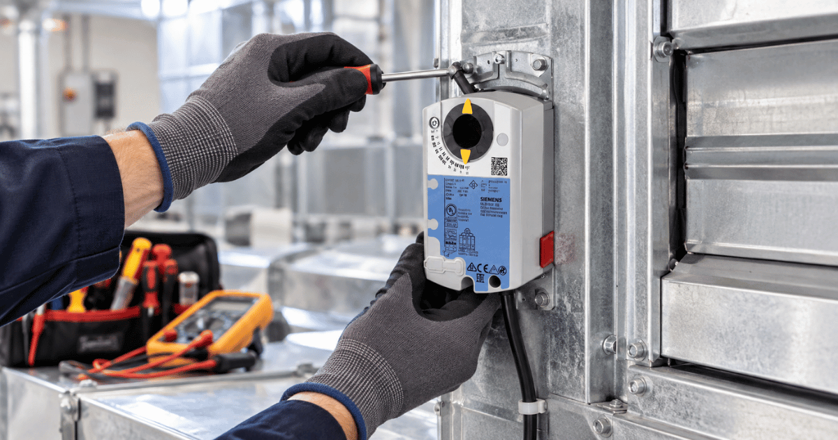 Engineer installing Siemens damper actuator on VAV box ductwork for variable air volume airflow control
