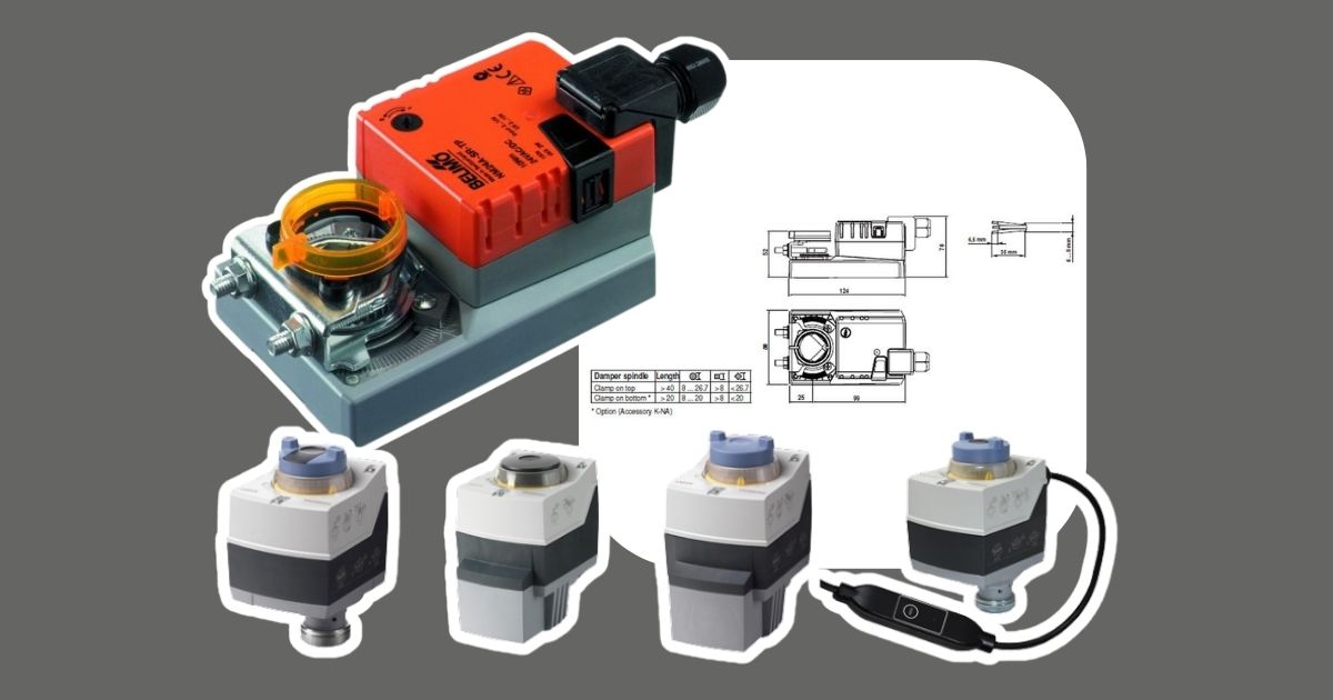 HVAC damper actuators with wiring diagram showing components used when connecting actuators to a BMS