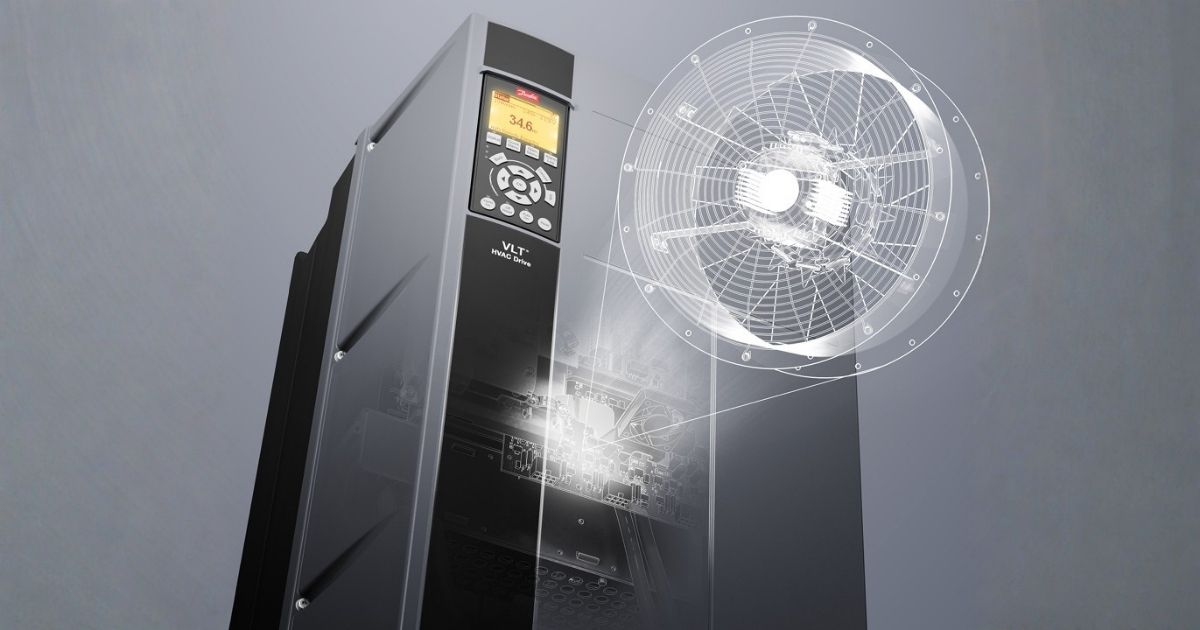 Danfoss VLT HVAC Drive FC 102 unit with an illustrated graphic of a ventilation fan, representing PID setup for VAV and variable flow.