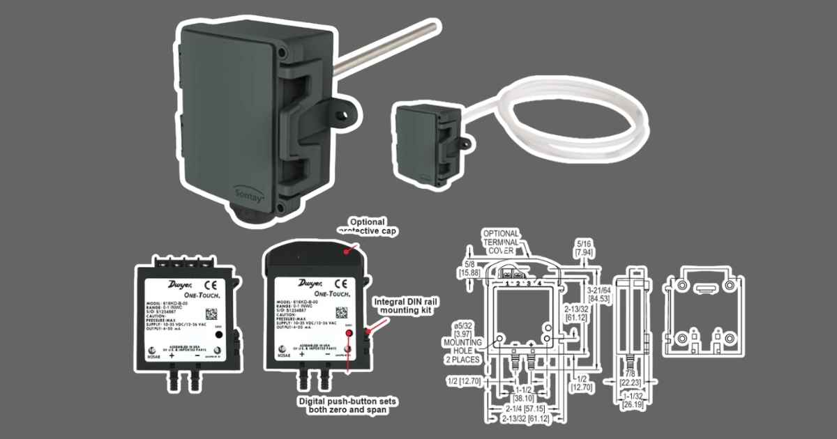 Dwyer One-Touch differential pressure transmitter showing enclosure, DIN rail mounting kit, and terminal wiring dimensions