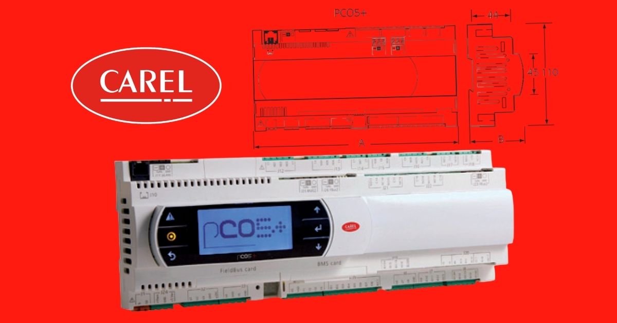 Carel pCO controller with display and wiring terminals shown for HVAC setup and configuration