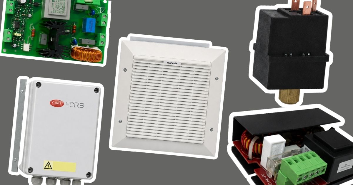 Vent Axia extract fan with control components including circuit board, Carel fan speed controller, and pressure switch used for fault diagnosis at iACS.